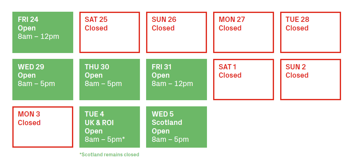 trade counter opening times christmas 2021 Pirtek UK and Ireland